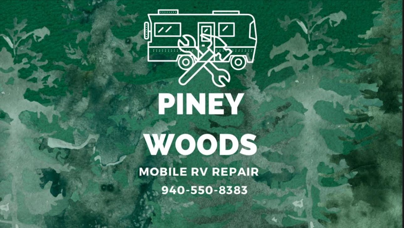 Piney Woods Mobile RV Repair logo — watercolor pines, RV and wrenches